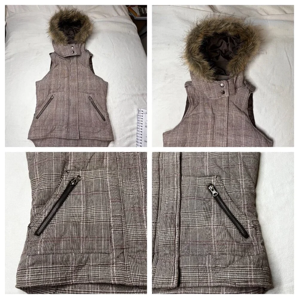 Charlotte Russe Plaid Puffer Vest Faux Fur Hood Brown S Snap Full Zip Pockets - Picture 16 of 16